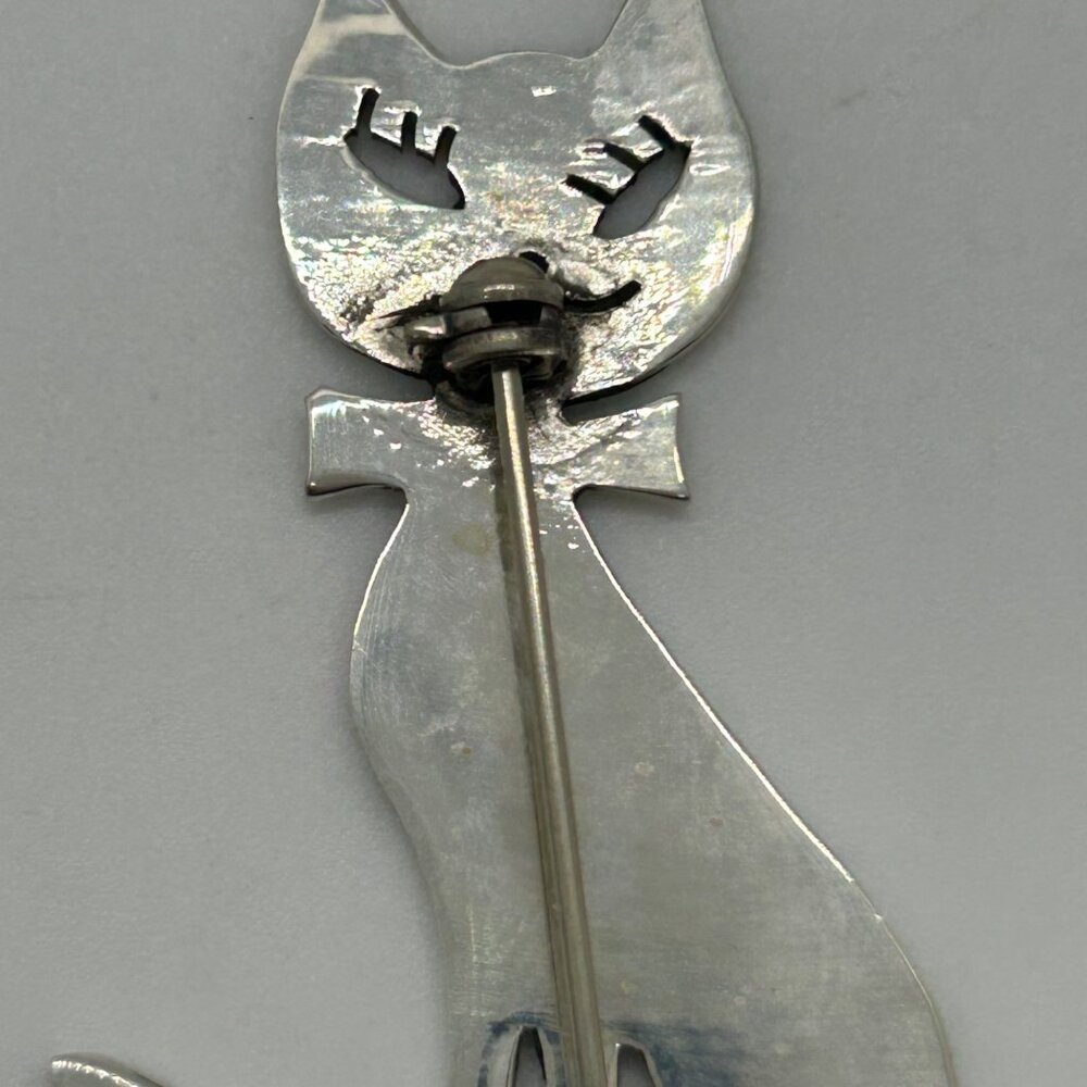 Vintage Sterling Silver Cat Brooch Pin 925 Mexico Handmade 2 Inches 1989 - Picture 4 of 11